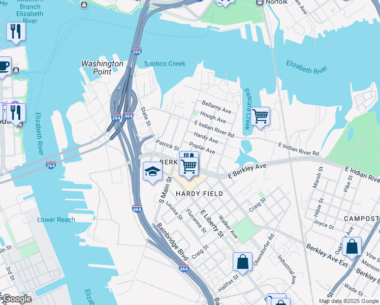 map of restaurants, bars, coffee shops, grocery stores, and more near 502 South Main Street in Norfolk