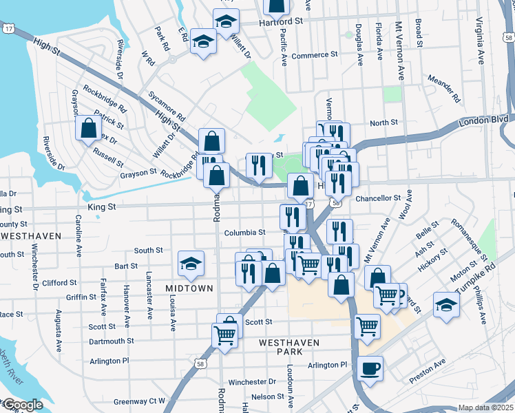 map of restaurants, bars, coffee shops, grocery stores, and more near 3511 Western Branch Boulevard in Portsmouth