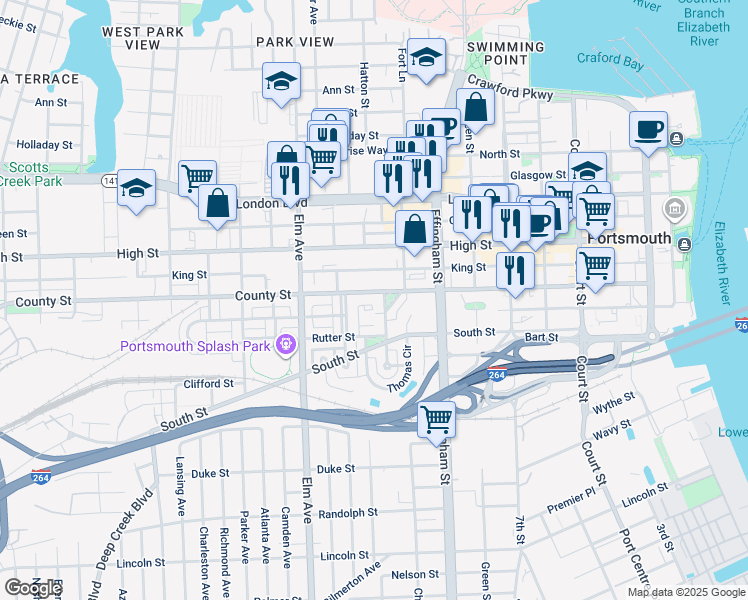 map of restaurants, bars, coffee shops, grocery stores, and more near 1011 County Street in Portsmouth