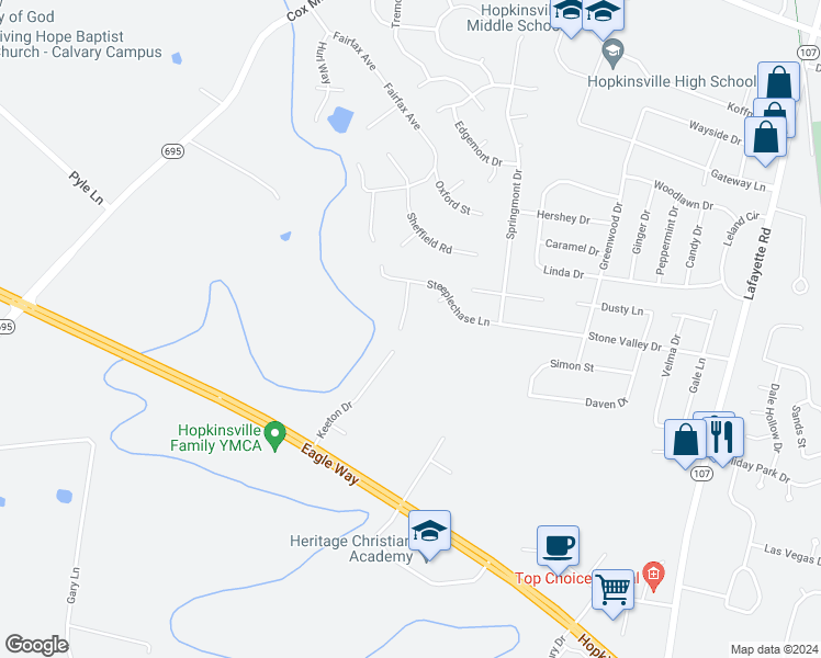 map of restaurants, bars, coffee shops, grocery stores, and more near 5008 Nottingham Lane in Hopkinsville