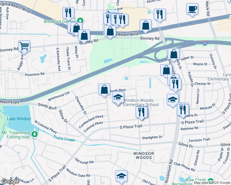map of restaurants, bars, coffee shops, grocery stores, and more near 3765 South Boulevard in Virginia Beach