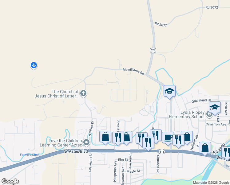 map of restaurants, bars, coffee shops, grocery stores, and more near 3244 Blancett Drive in Aztec