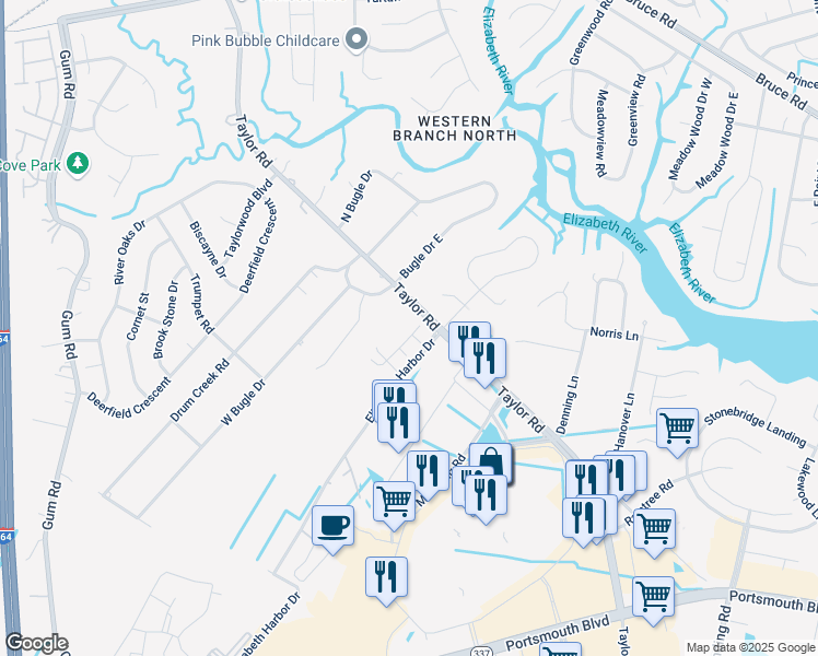 map of restaurants, bars, coffee shops, grocery stores, and more near 2448 Whitman Street in Chesapeake