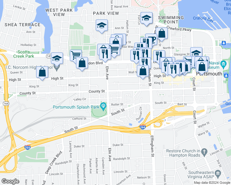 map of restaurants, bars, coffee shops, grocery stores, and more near 1109 County Street in Portsmouth