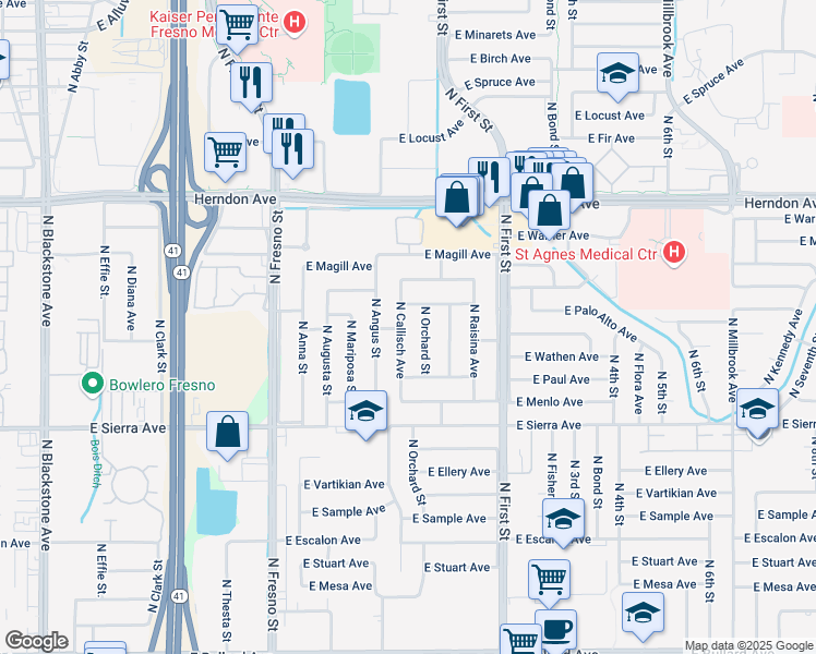 map of restaurants, bars, coffee shops, grocery stores, and more near 6605 North Callisch Avenue in Fresno