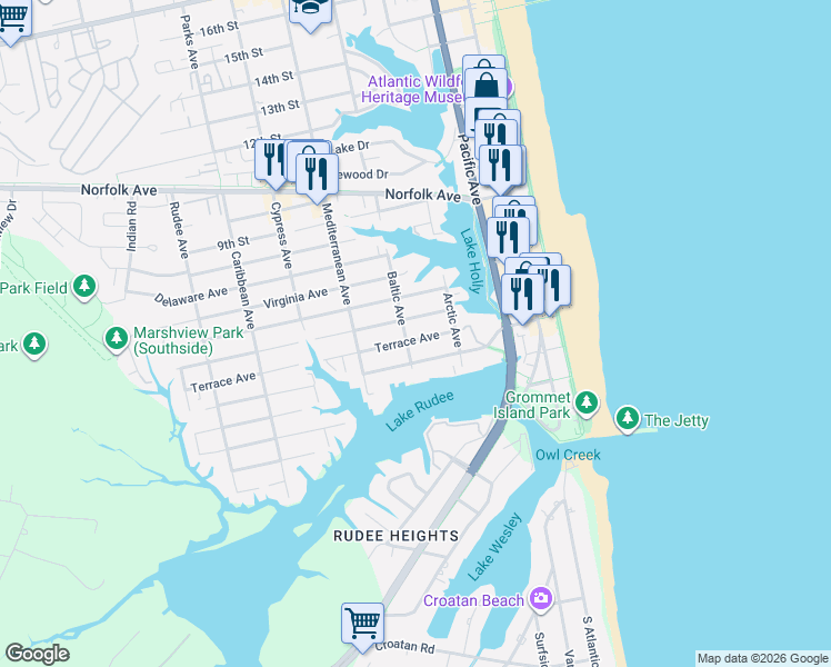 map of restaurants, bars, coffee shops, grocery stores, and more near 501 High Point Avenue in Virginia Beach