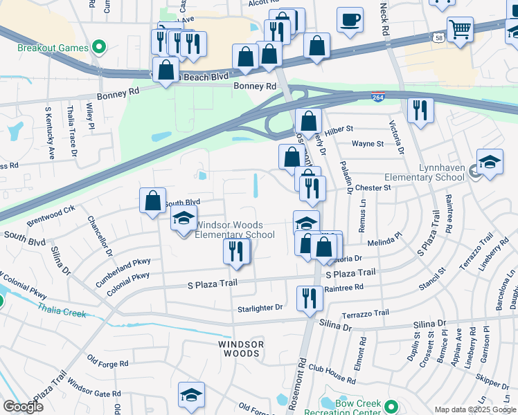 map of restaurants, bars, coffee shops, grocery stores, and more near 3712 North Donnawood Court in Virginia Beach