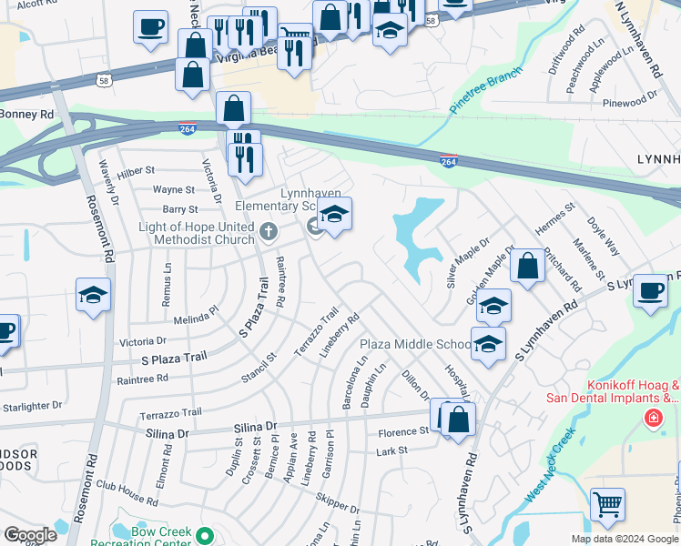 map of restaurants, bars, coffee shops, grocery stores, and more near 209 Doctor Drive in Virginia Beach