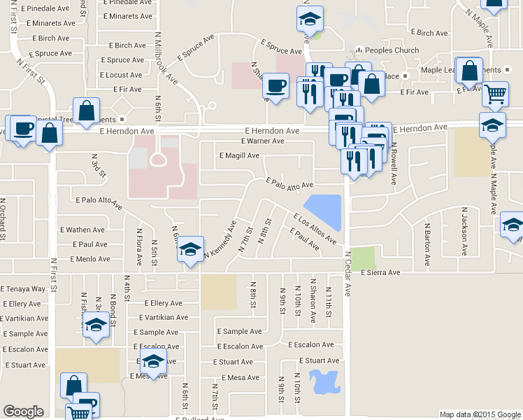 map of restaurants, bars, coffee shops, grocery stores, and more near 6568 North 7th Street in Fresno