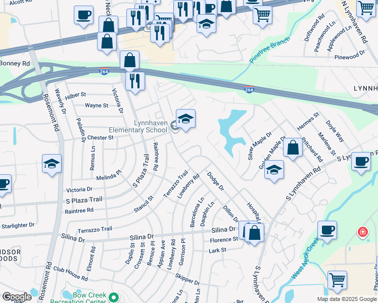 map of restaurants, bars, coffee shops, grocery stores, and more near 209 Doctor Drive in Virginia Beach