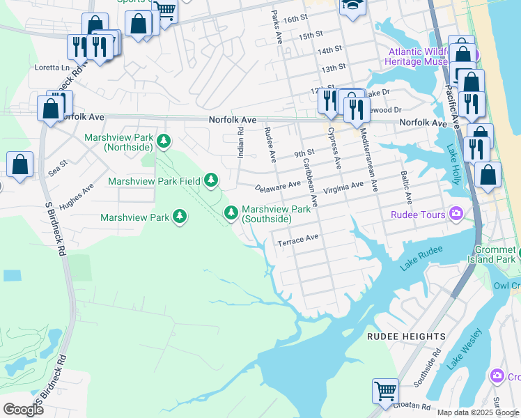 map of restaurants, bars, coffee shops, grocery stores, and more near 616 Sea Oats Way in Virginia Beach
