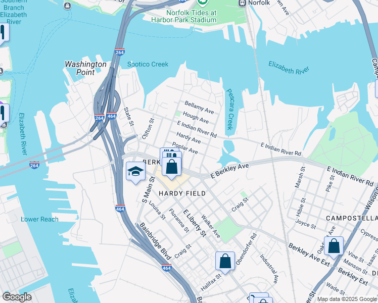 map of restaurants, bars, coffee shops, grocery stores, and more near 207 Poplar Avenue in Norfolk