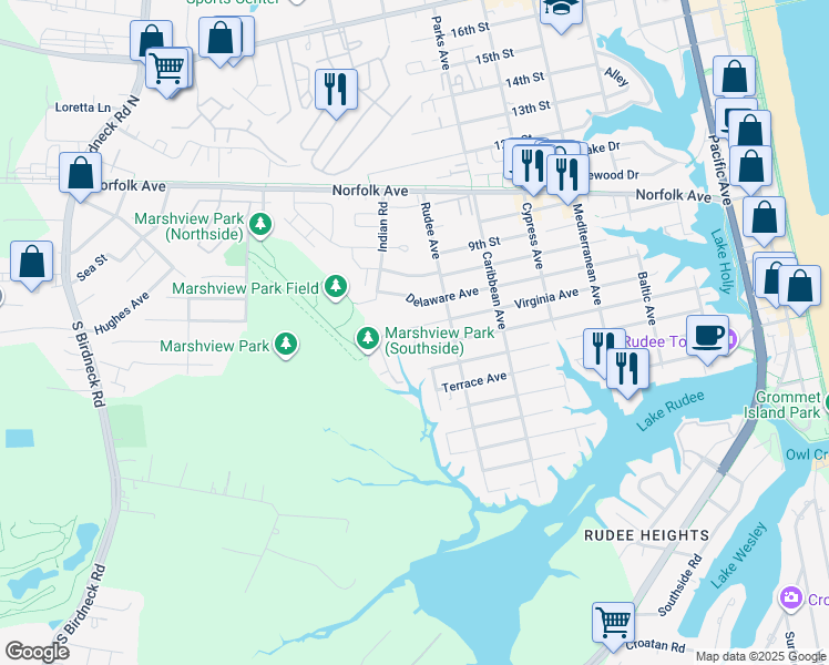 map of restaurants, bars, coffee shops, grocery stores, and more near 602 Sea Oats Way in Virginia Beach