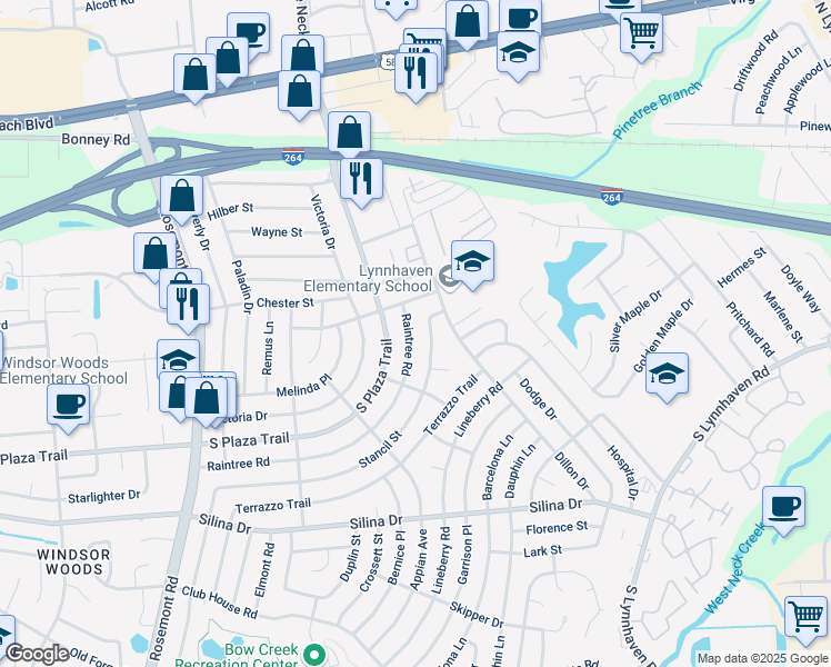map of restaurants, bars, coffee shops, grocery stores, and more near 3325 Maverick Street in Virginia Beach