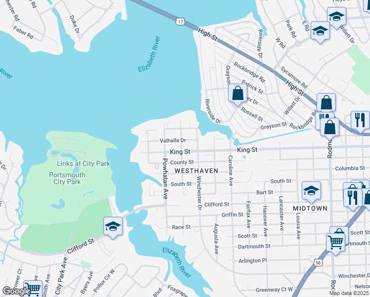 map of restaurants, bars, coffee shops, grocery stores, and more near 4516 King Street in Portsmouth