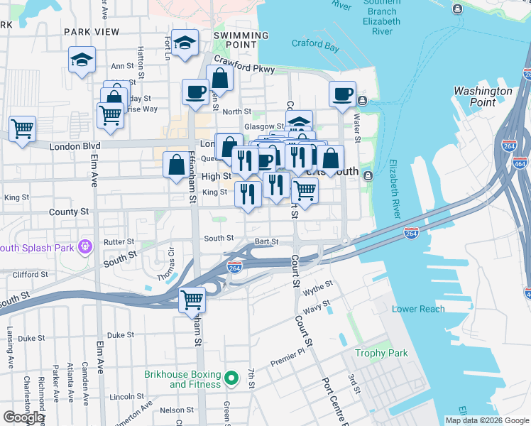 map of restaurants, bars, coffee shops, grocery stores, and more near 422 County Street in Portsmouth