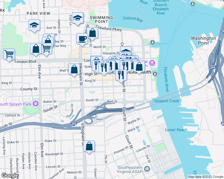 map of restaurants, bars, coffee shops, grocery stores, and more near 710 Dinwiddie Street in Portsmouth