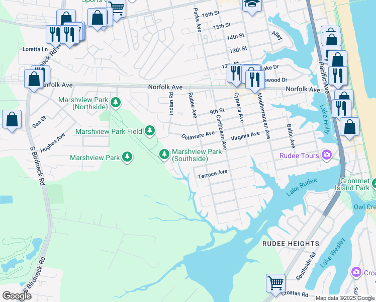 map of restaurants, bars, coffee shops, grocery stores, and more near 940 Virginia Avenue in Virginia Beach