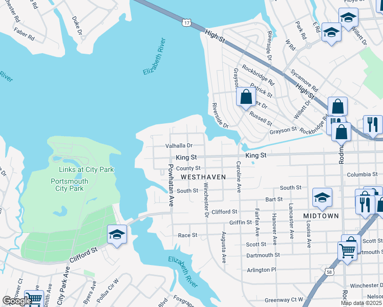 map of restaurants, bars, coffee shops, grocery stores, and more near 4516 King Street in Portsmouth