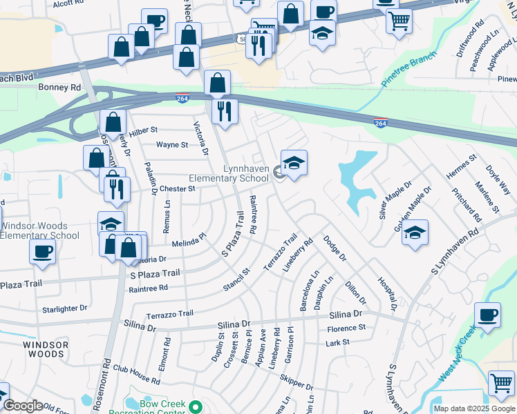 map of restaurants, bars, coffee shops, grocery stores, and more near 3325 Maverick Street in Virginia Beach