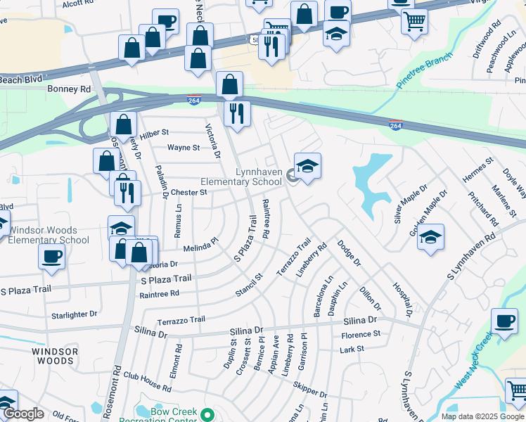map of restaurants, bars, coffee shops, grocery stores, and more near 3325 Maverick Street in Virginia Beach