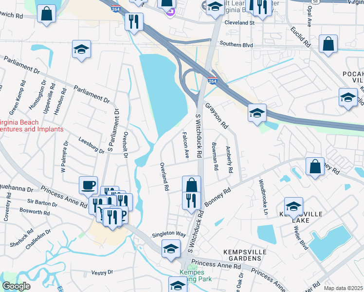 map of restaurants, bars, coffee shops, grocery stores, and more near 228 Falcon Avenue in Virginia Beach