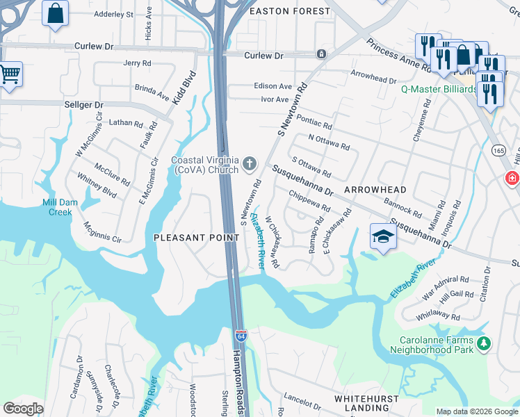 map of restaurants, bars, coffee shops, grocery stores, and more near 320 South Newtown Road in Virginia Beach