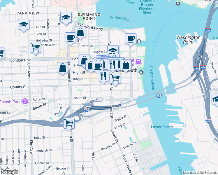map of restaurants, bars, coffee shops, grocery stores, and more near 346 County Street in Portsmouth