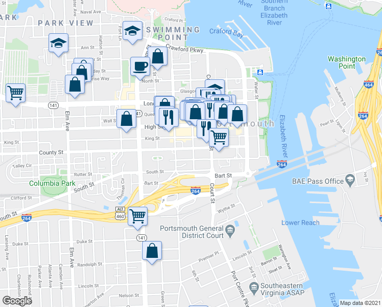 map of restaurants, bars, coffee shops, grocery stores, and more near 422 County Street in Portsmouth