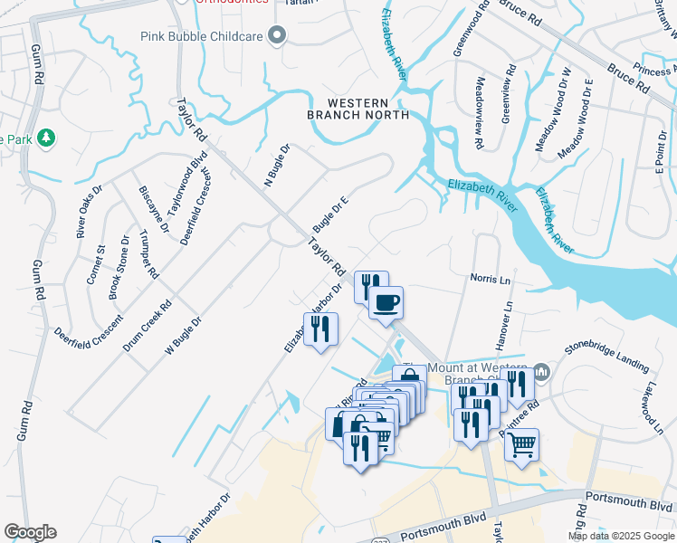 map of restaurants, bars, coffee shops, grocery stores, and more near 2804 Taylor Road in Chesapeake