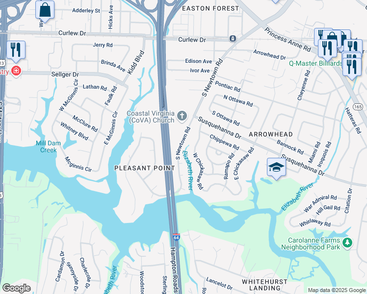 map of restaurants, bars, coffee shops, grocery stores, and more near 336 South Newtown Road in Virginia Beach