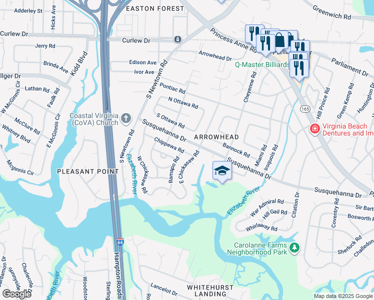 map of restaurants, bars, coffee shops, grocery stores, and more near 5708 Chippewa Road in Virginia Beach