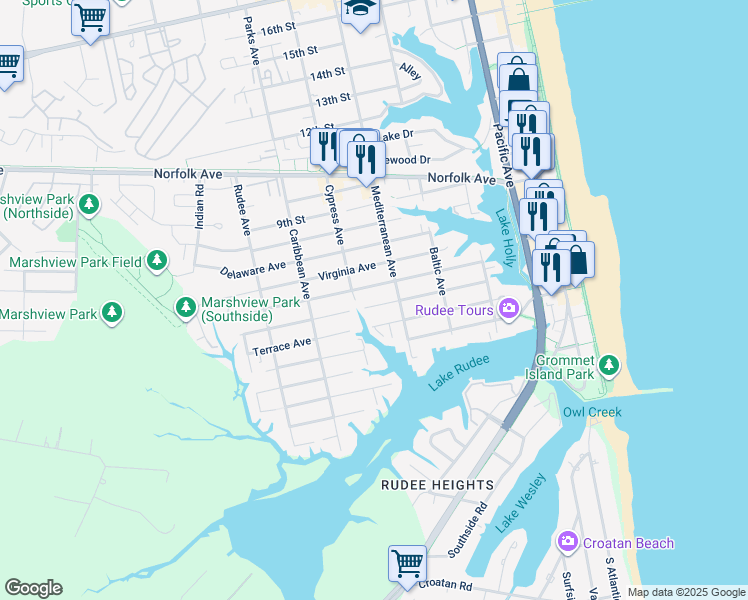 map of restaurants, bars, coffee shops, grocery stores, and more near 617 High Point Avenue in Virginia Beach