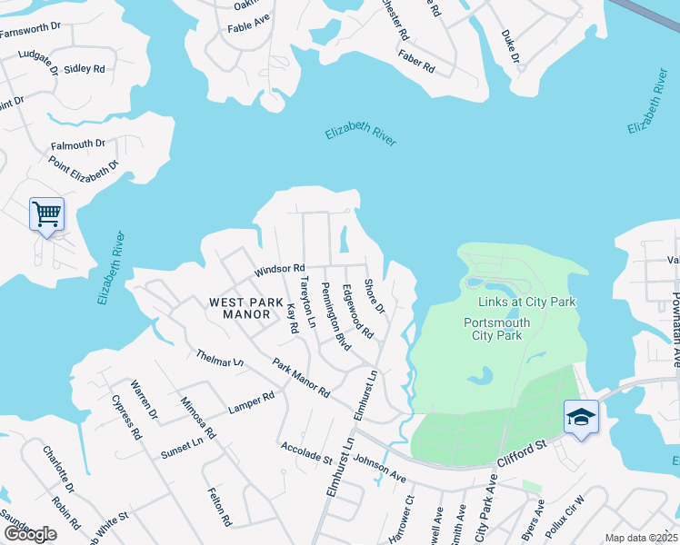 map of restaurants, bars, coffee shops, grocery stores, and more near 100 Windsor Road in Portsmouth