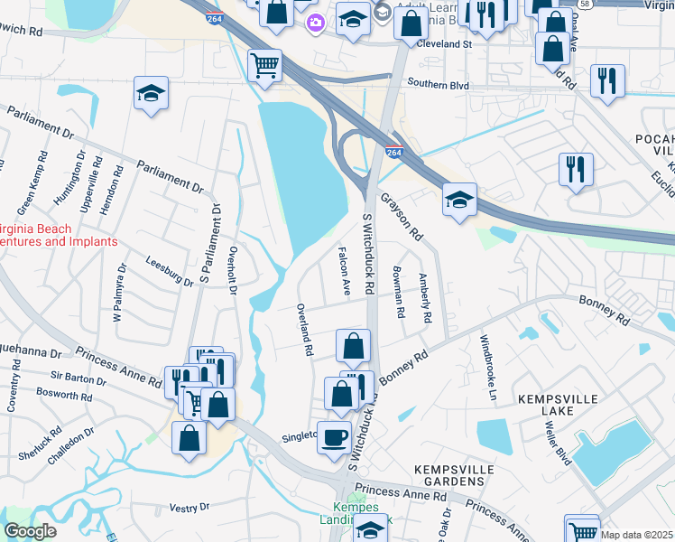 map of restaurants, bars, coffee shops, grocery stores, and more near 237 Falcon Avenue in Virginia Beach