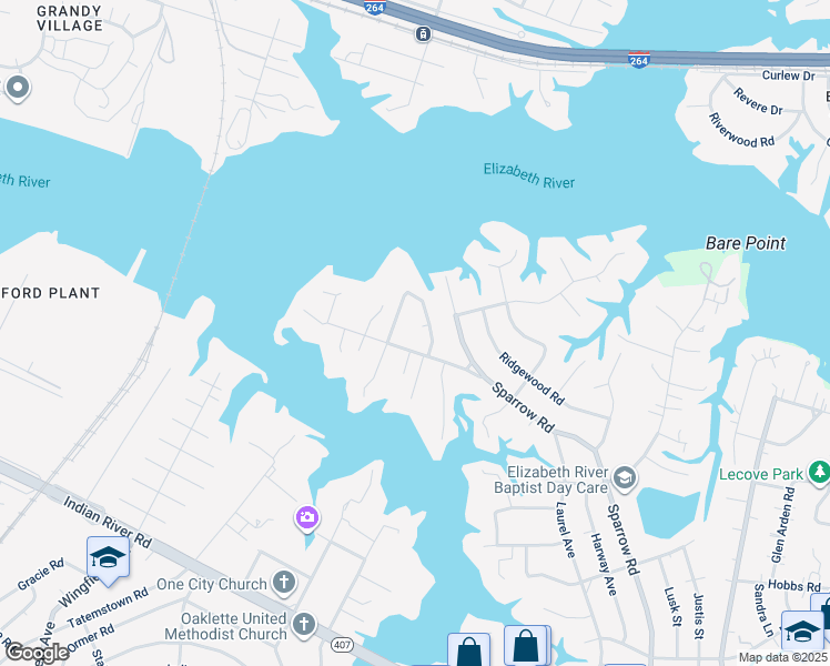 map of restaurants, bars, coffee shops, grocery stores, and more near 111 Rollingswood Court in Chesapeake