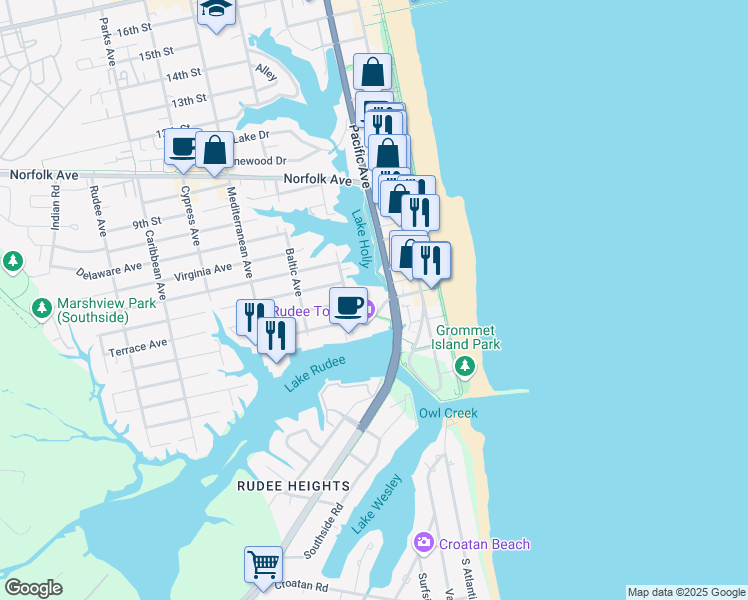map of restaurants, bars, coffee shops, grocery stores, and more near 500 Pacific Avenue in Virginia Beach