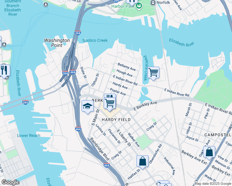 map of restaurants, bars, coffee shops, grocery stores, and more near 131 Poplar Avenue in Norfolk