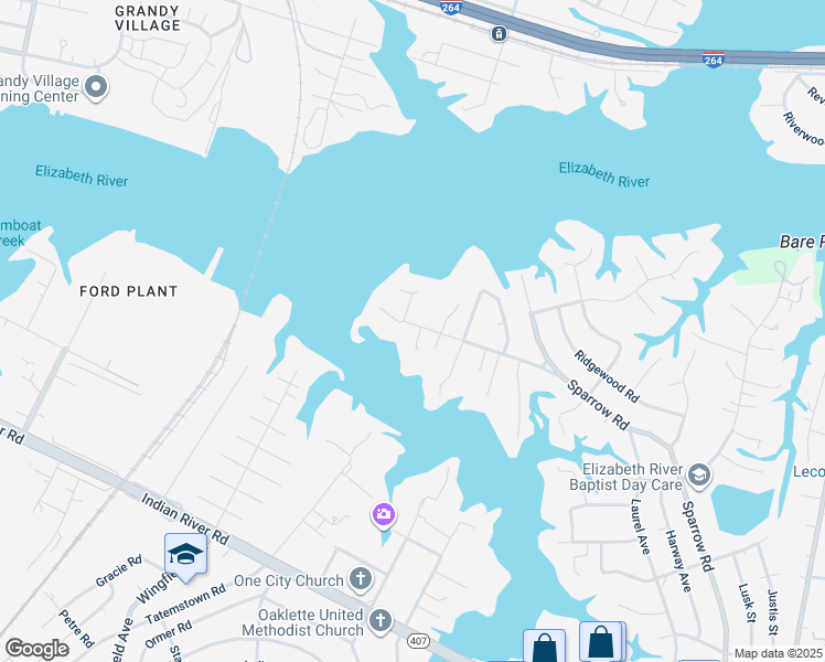 map of restaurants, bars, coffee shops, grocery stores, and more near 108 Sparrow Road in Chesapeake