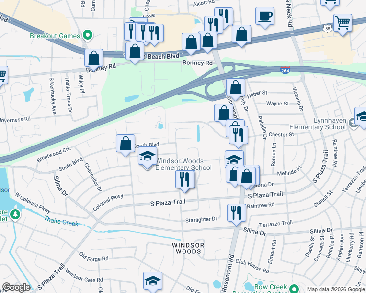 map of restaurants, bars, coffee shops, grocery stores, and more near 3725 Bentley Gate Way in Virginia Beach