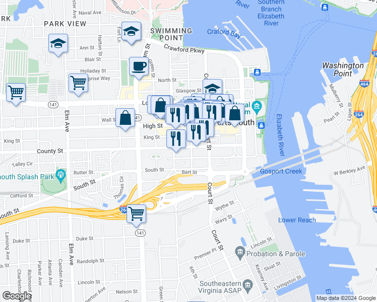 map of restaurants, bars, coffee shops, grocery stores, and more near 708 Dinwiddie Street in Portsmouth