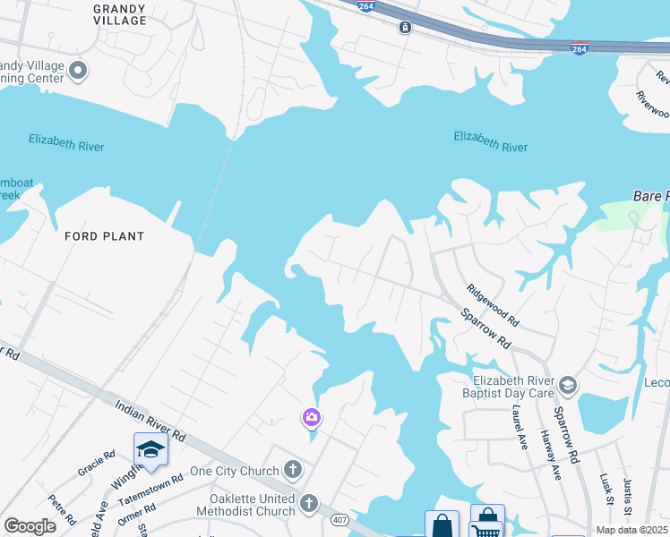 map of restaurants, bars, coffee shops, grocery stores, and more near 108 Sparrow Road in Chesapeake