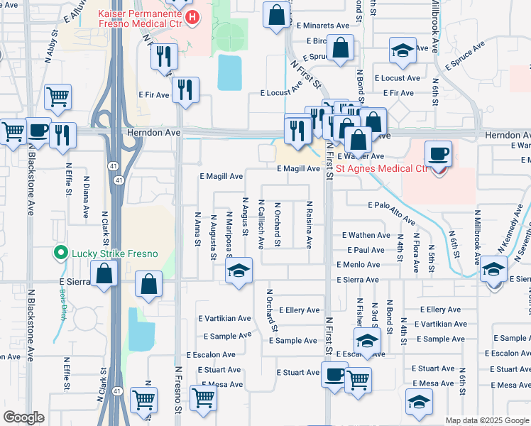 map of restaurants, bars, coffee shops, grocery stores, and more near 6578 North Callisch Avenue in Fresno