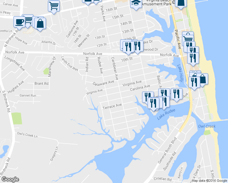 map of restaurants, bars, coffee shops, grocery stores, and more near 813 Carolina Avenue in Virginia Beach