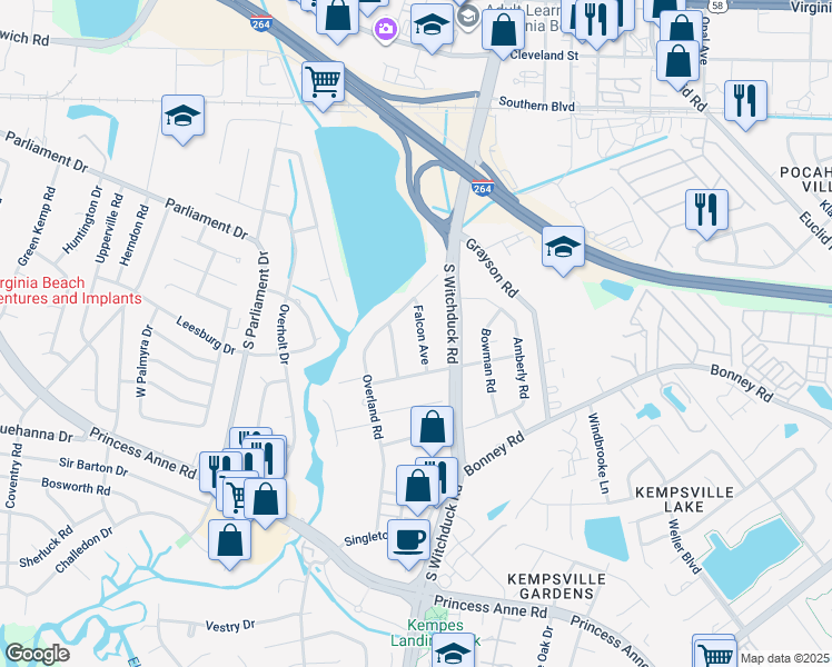 map of restaurants, bars, coffee shops, grocery stores, and more near 237 Falcon Avenue in Virginia Beach