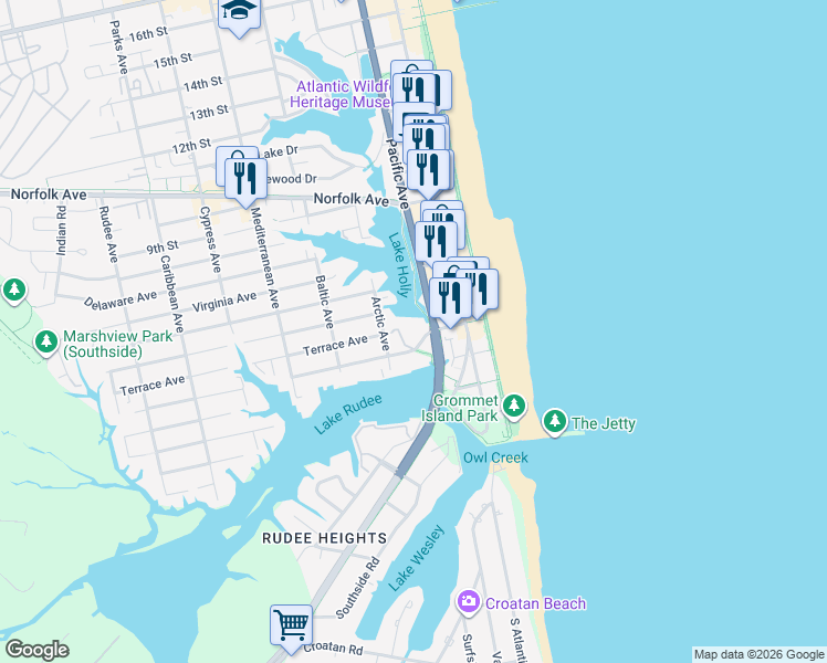 map of restaurants, bars, coffee shops, grocery stores, and more near 209 Winston Salem Avenue in Virginia Beach