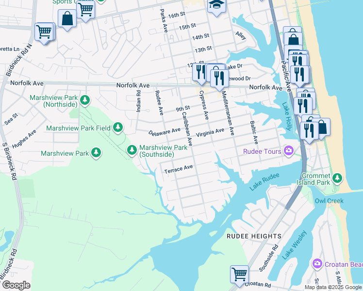 map of restaurants, bars, coffee shops, grocery stores, and more near 813 Carolina Avenue in Virginia Beach