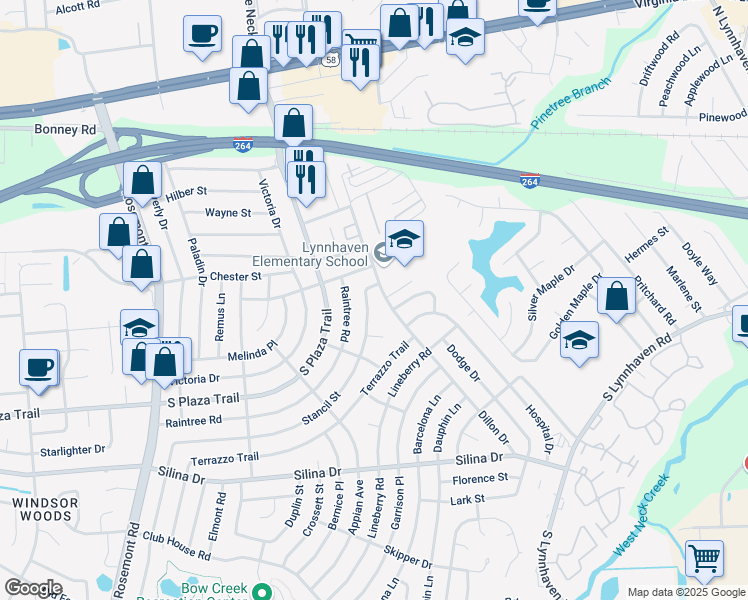 map of restaurants, bars, coffee shops, grocery stores, and more near 217 Dillon Drive in Virginia Beach