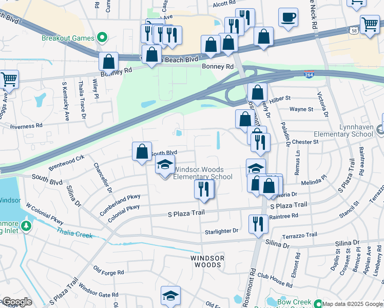map of restaurants, bars, coffee shops, grocery stores, and more near 3725 Bentley Gate Way in Virginia Beach