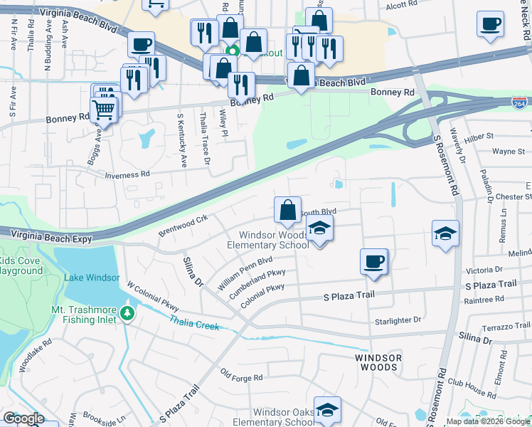 map of restaurants, bars, coffee shops, grocery stores, and more near 3704 North Berwick Court in Virginia Beach